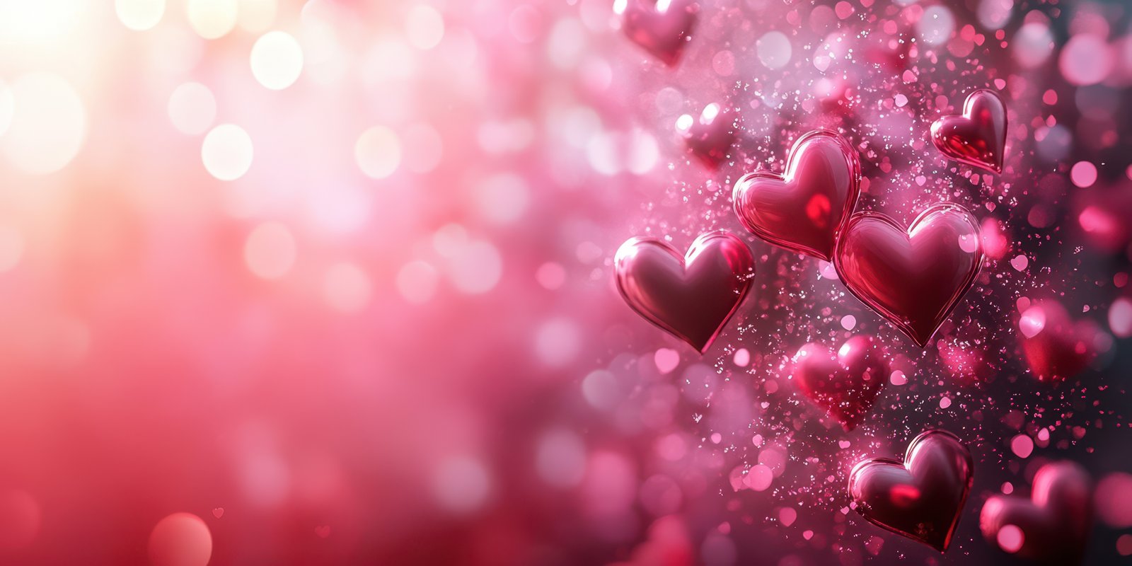 Heart-shaped decorations float gracefully in a dreamy, colorful background during a romantic celebration